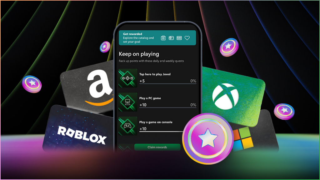 Xbox Game Pass quests screen showing Microsoft Rewards points earning opportunities