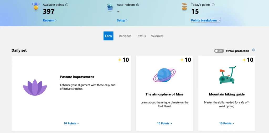 Microsoft Rewards earn page showing daily quiz and trivia point opportunities