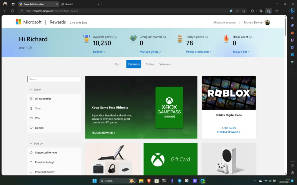 Microsoft Store and Xbox gift cards available through Microsoft Rewards redemption