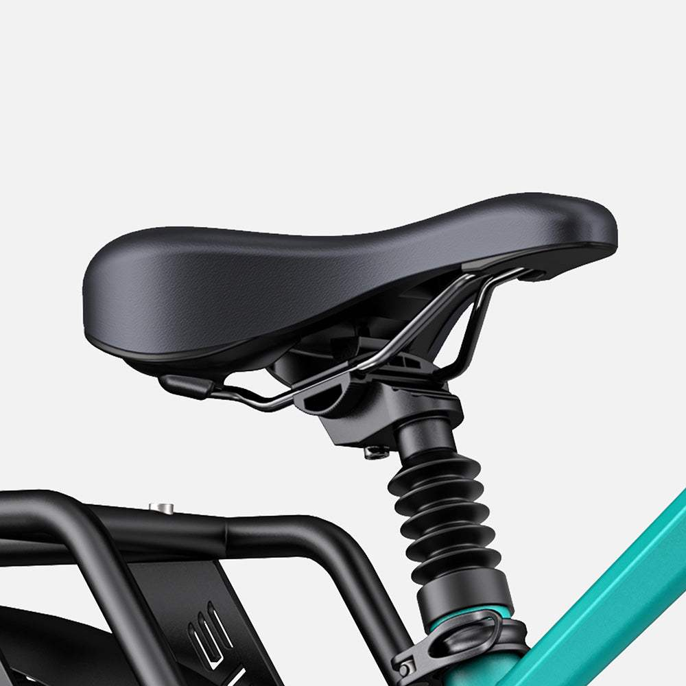 Engwe E26 rider position showing suspension fork and step-through frame ergonomics