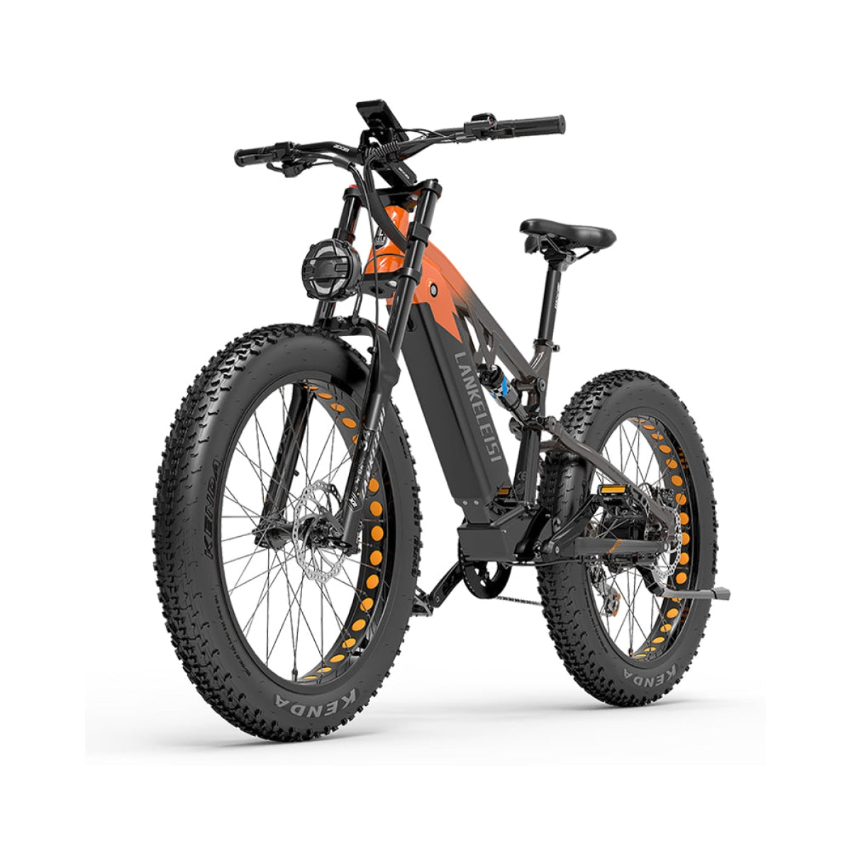 Lankeleisi RV800 Plus orange e-MTB trail riding lifestyle full suspension fat bike
