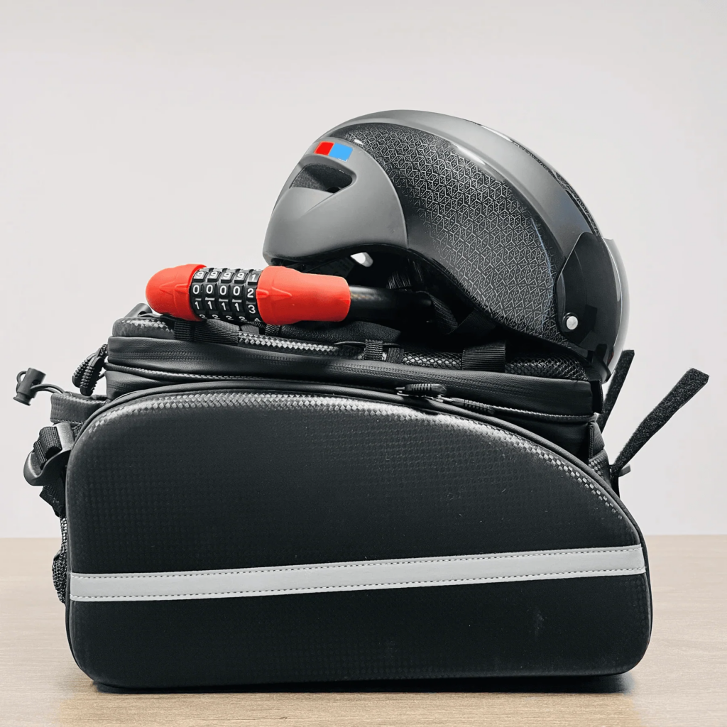 Vakole Bike Accessories Combo bag lock and helmet flat lay product shot