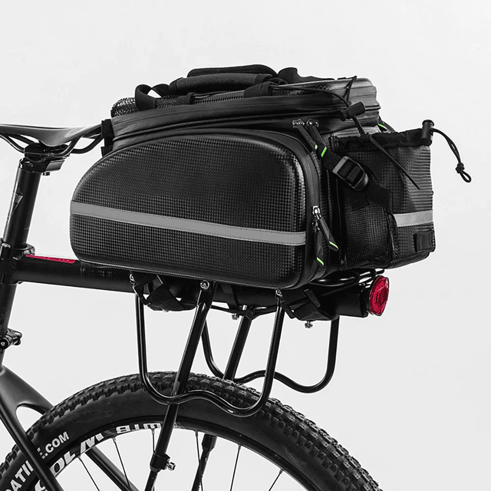 Vakole bike rack bag 17-35L expandable capacity close-up showing side pocket and PE board