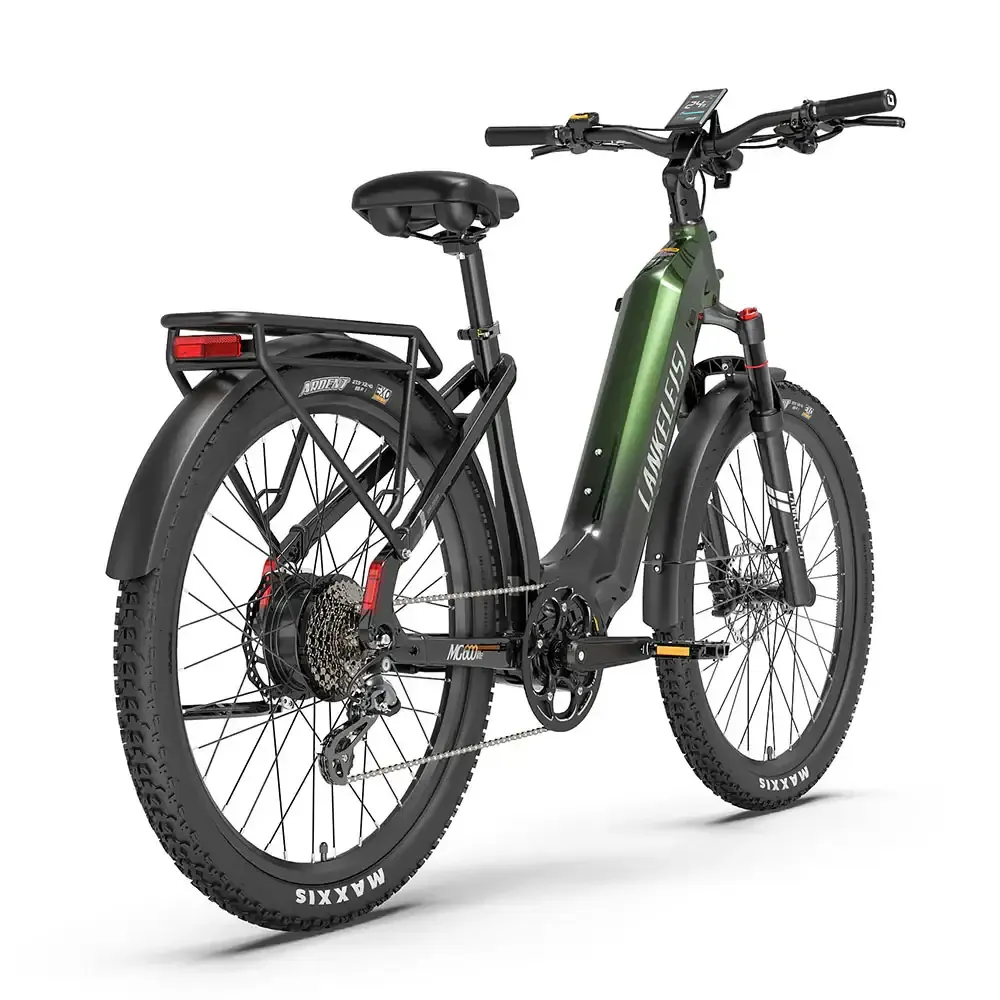 Lankeleisi MG600 Lite rider showing upright trekking e-bike comfort position on mixed path