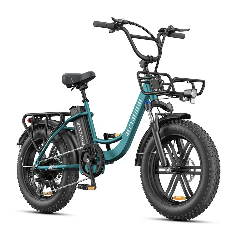 Engwe L20 Boost step-through fat e-bike in sea green shown from the side, front rack and rear rack visible