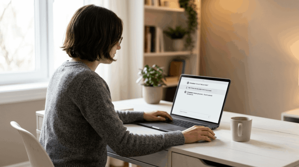 illustration of an AI tool interface open on a work laptop