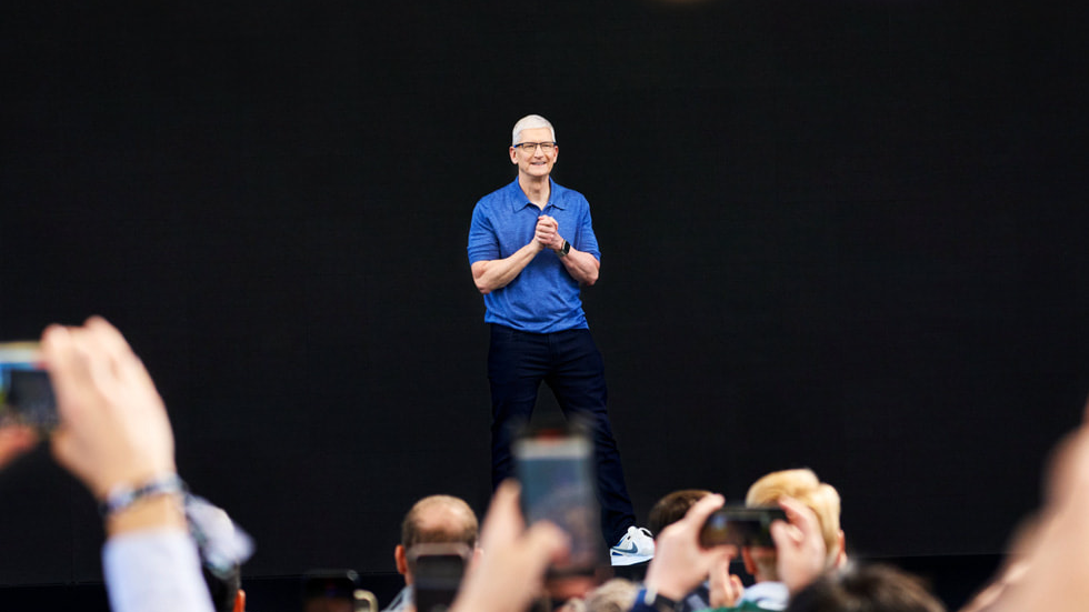 Apple WWDC 2024 Apple Intelligence announcement on stage at Apple Park