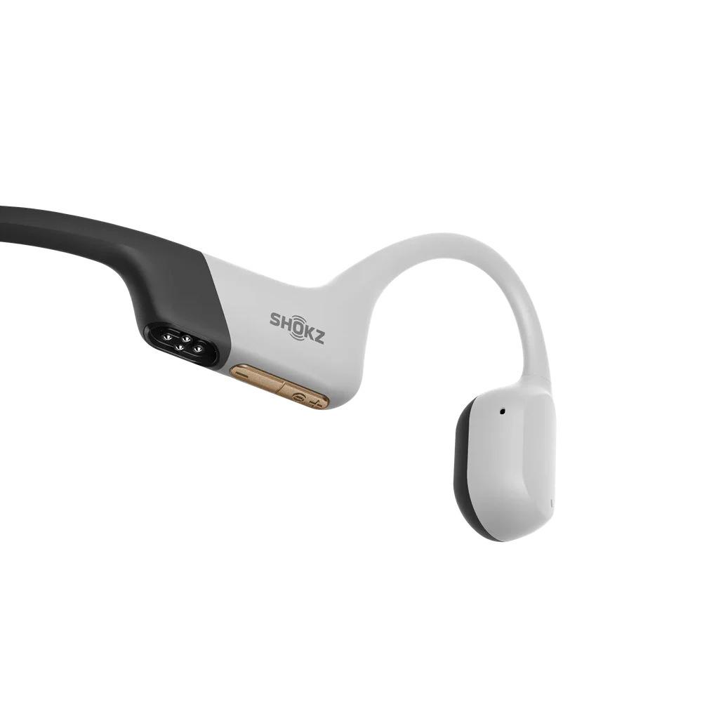 Shokz OpenSwim Pro transducer and charging port close-up detail