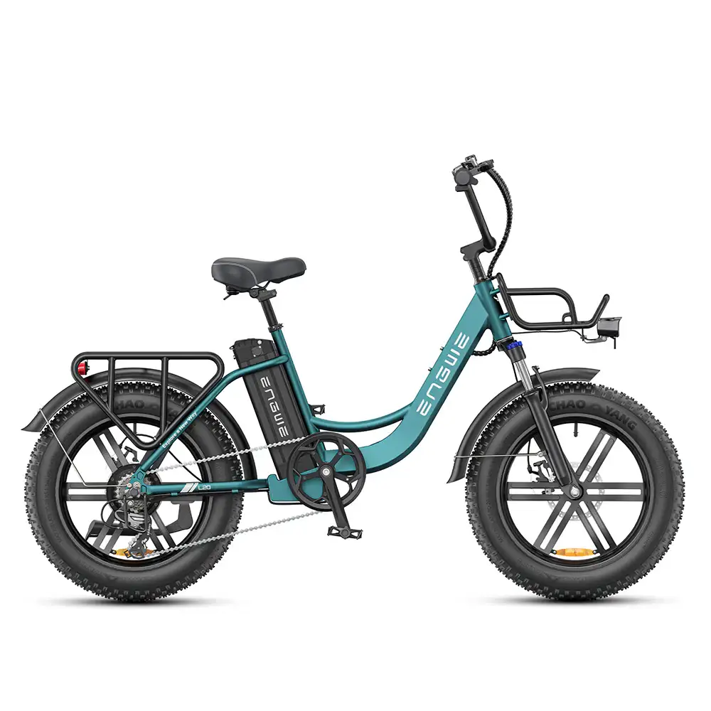 Engwe L20 Boost being ridden on a city street showing the step-through mount and fat tires
