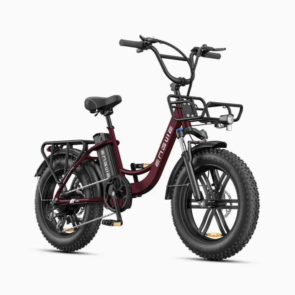 Engwe L20 Boost full bike portrait showing step-through frame, fat tires, and both cargo racks