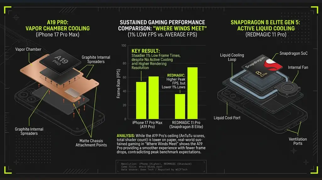 Apple A19 Pro vapor chamber cooling and sustained performance comparison