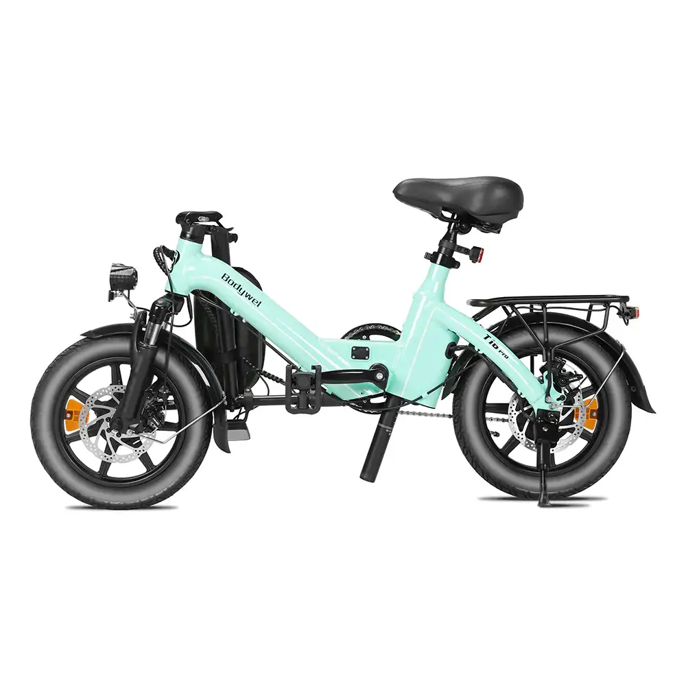 Side view of the mint green Bodywel T16 Pro compact folding electric bike