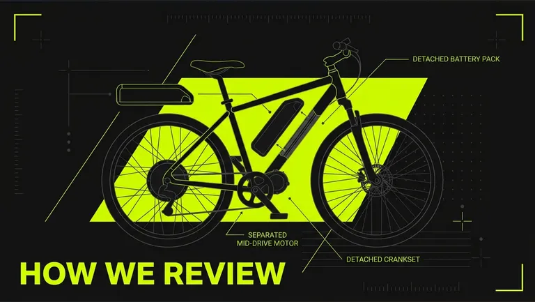 Flat schematic teardown of an e-bike with battery, motor and frame callout lines