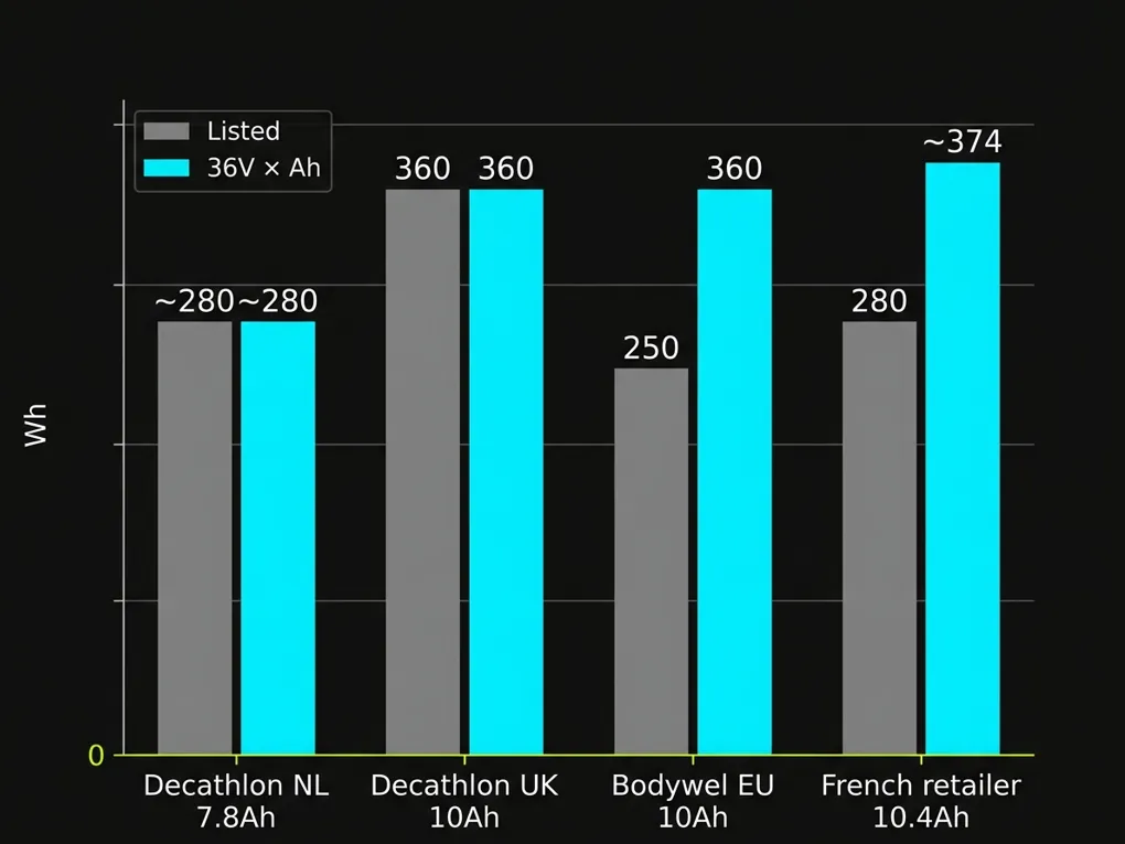 Bar chart of listed versus calculated battery capacity for four Bodywel T16 Pro listings